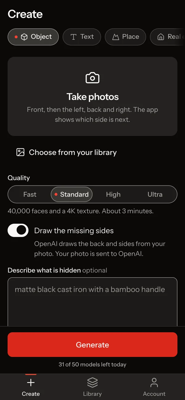The app’s Create screen: choose what to make from, add photos, then Generate