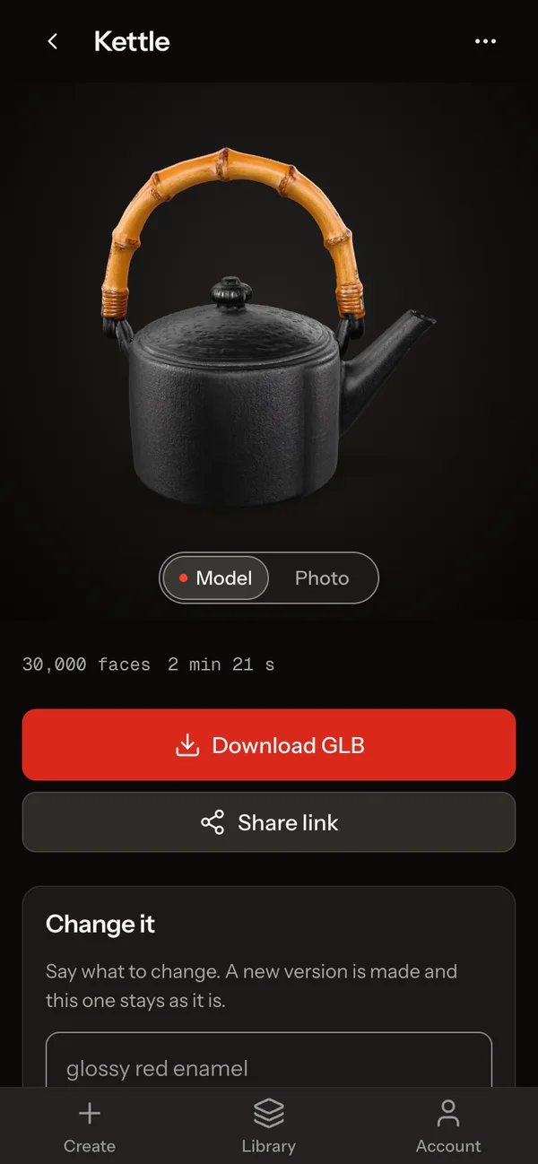 The kettle in the app, with Download, View in your room and Change it