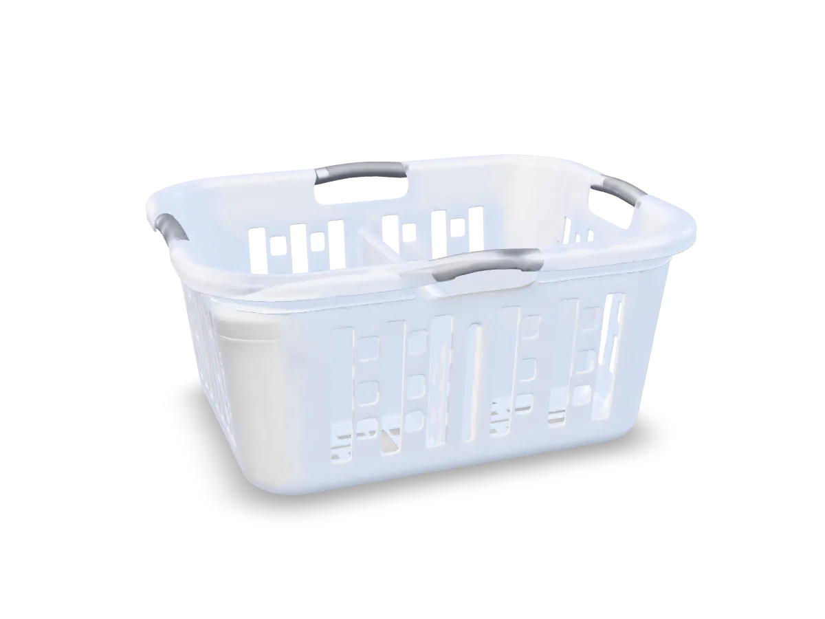 A white plastic laundry basket with handles, as a 3D model