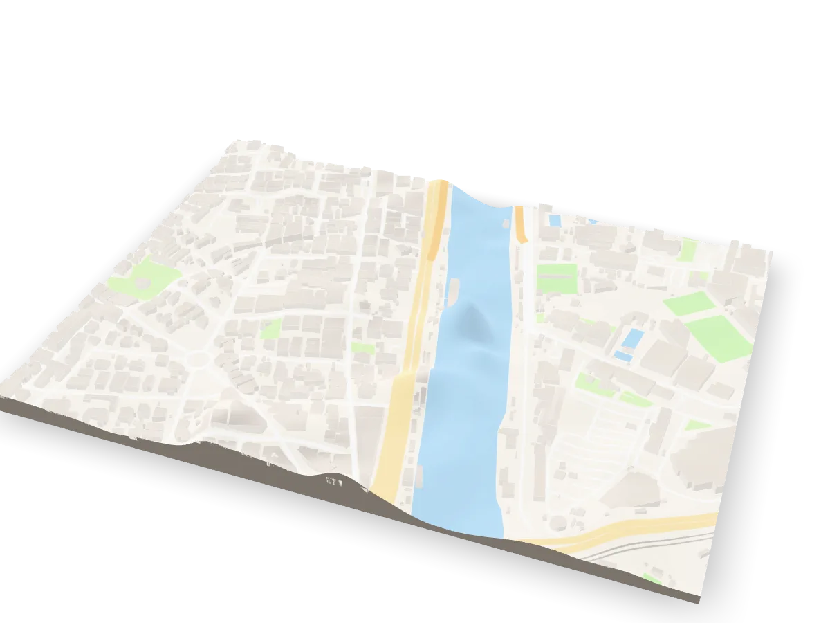 City blocks of Cairo beside the river Nile, as a 3D model