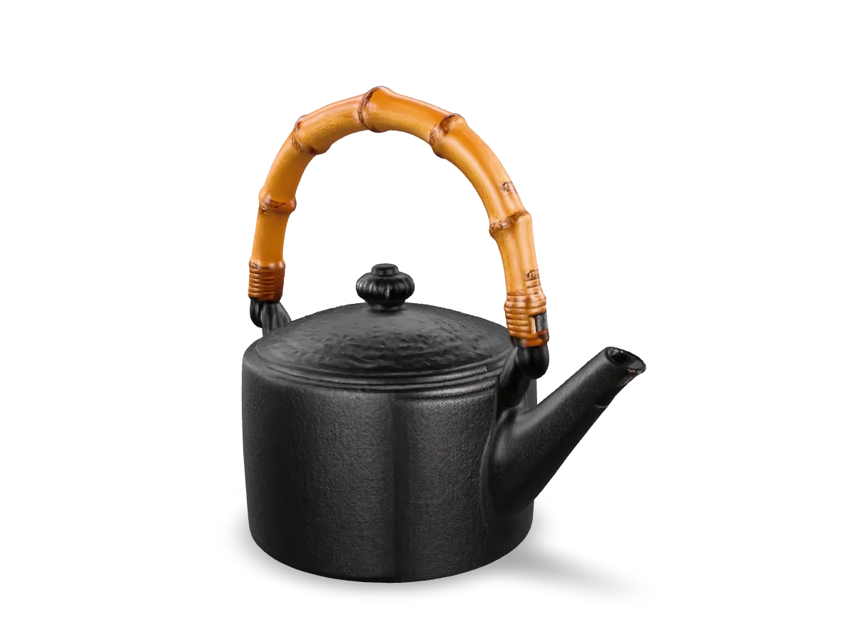 A black cast-iron kettle with a bamboo handle, as a 3D model