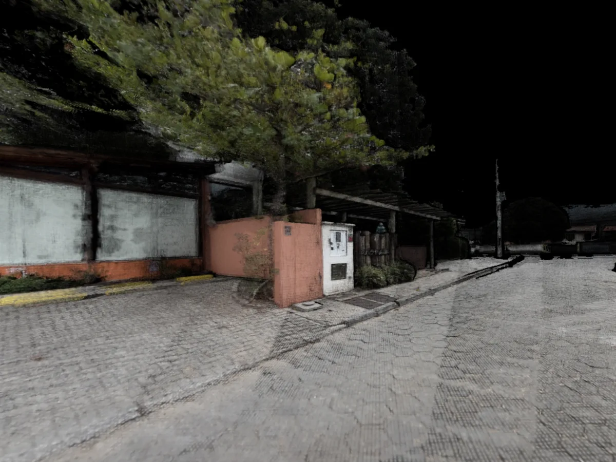 A street with a tree, a pink garden wall and cobblestones, as a 3D scene