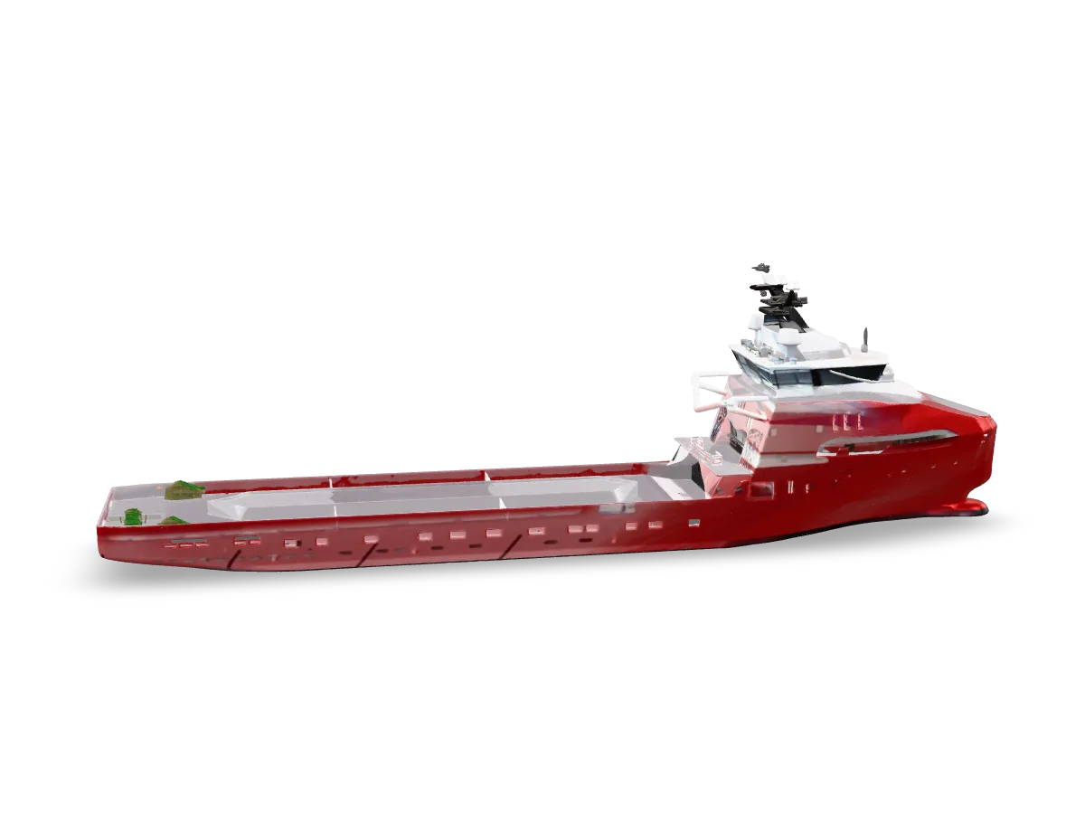 A red offshore supply ship with a white superstructure, as a 3D model